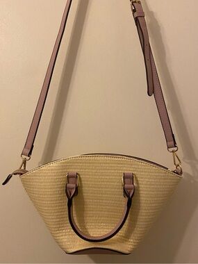 Woven Straw Crossbody Satchel with Purple Trim